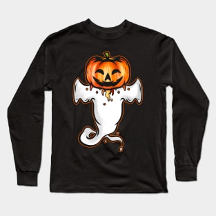 Kawaii Cute Ghost With Pumpkin Head On Costume Halloween Long Sleeve T-Shirt